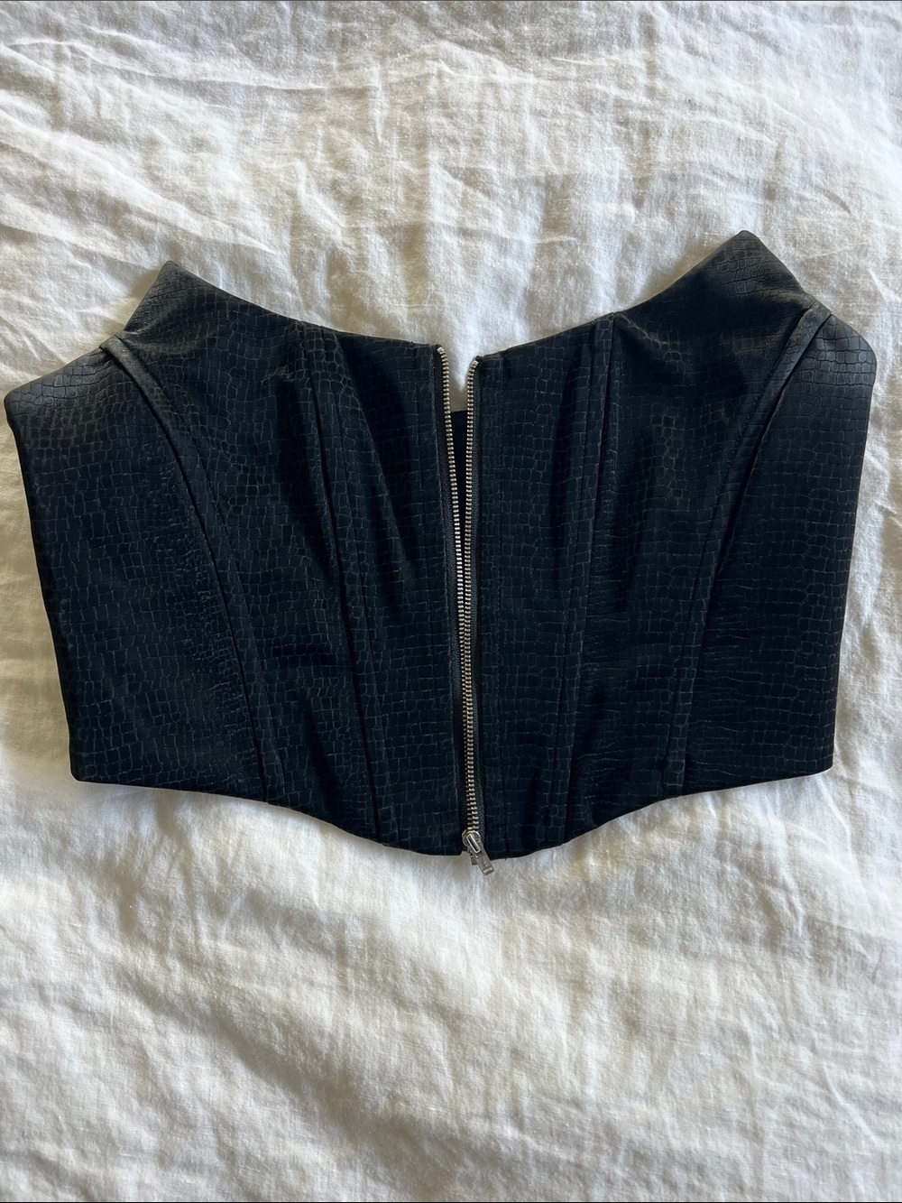 NBD Black Strapless Corset-Inspired Top with Front Zip